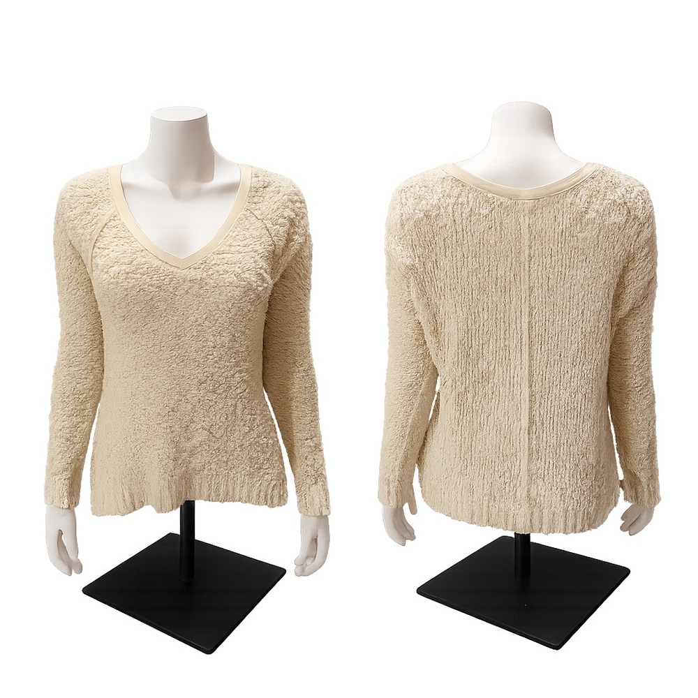 Free People Cream Textured V-Neck Sweater